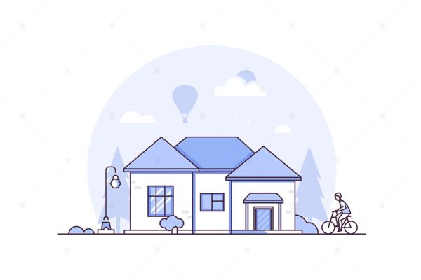 农场景观主题线条设计风格矢量插画大洋岛精选 Farm landscape – line design style illustration
