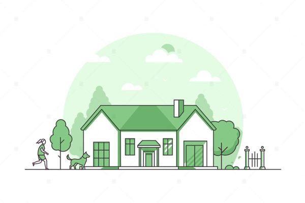 城郊住宅主题线条设计风格矢量插画大洋岛精选 Suburban house – line design style illustration