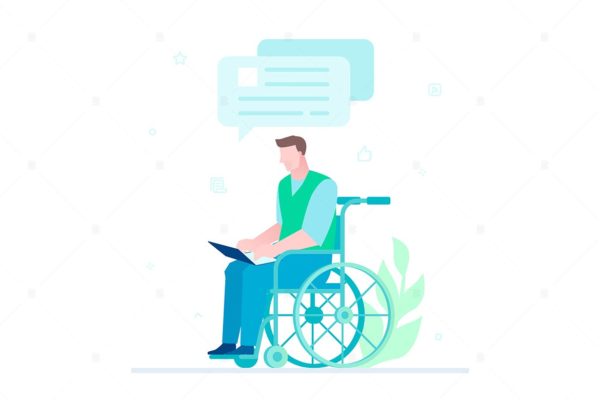 残疾工人聊天场景扁平设计风格矢量插画大洋岛精选 Disabled worker chatting – flat illustration