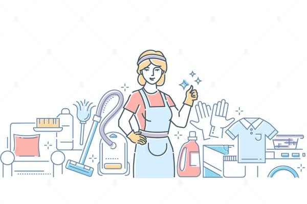 清洁家政服务主题线条艺术风格矢量插画大洋岛精选 Cleaning service – line design style illustration