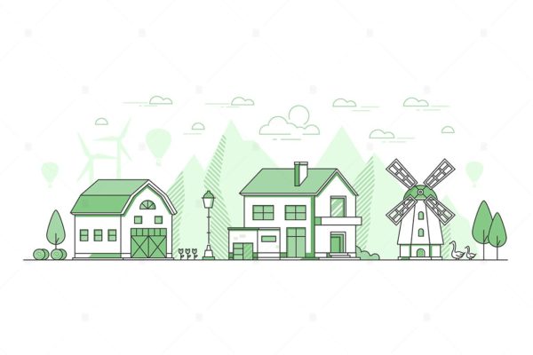 生态农业线性设计风矢量插画大洋岛精选素材 Eco farming – thin line design style illustration