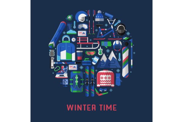 冬季运动主题扁平设计风格圆形矢量插画大洋岛精选 Winter Time Card with Circle Print