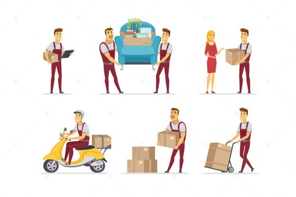 送货和搬家服务卡通人物矢量大洋岛精选设计素材 Delivery and moving service – cartoon characters
