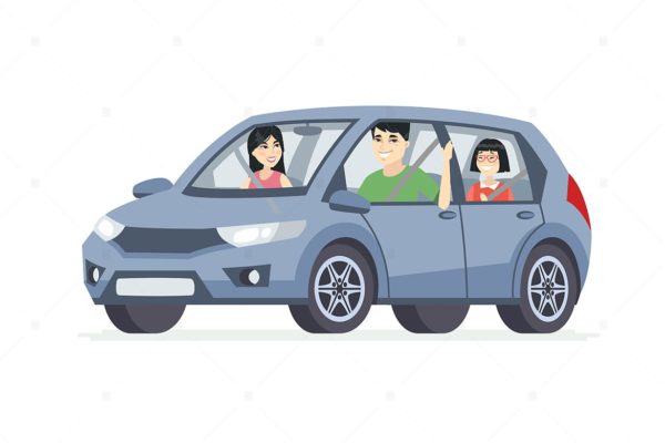 家庭用车场景卡通矢量插画大洋岛精选素材 Chinese family in the car – cartoon characters