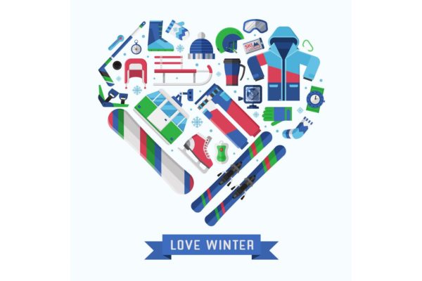 冬季运动主题扁平设计风格心形矢量插画大洋岛精选 Love Winter Sports Heart Print