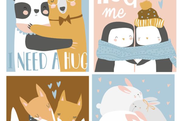 彩色卡通动物拥抱矢量插画大洋岛精选素材 Vector set of colored cartoon animals hugging