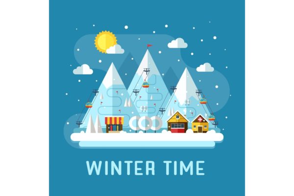冬季滑雪场场景扁平化设计风格矢量插画大洋岛精选 Winter Ski Resort Vacation Flat Landscape
