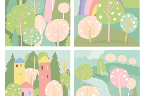 扁平设计风格春季景观矢量插画大洋岛精选素材 Set of spring lanscape in flat style. Vector illus