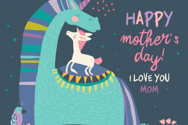 可爱的独角兽宝宝&妈妈大洋岛精选手绘插画矢量 Cute Small Unicorn with Mom. Vector Illustration.