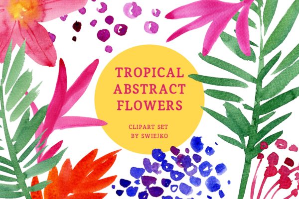 热带水彩花卉手绘剪贴画大洋岛精选PNG素材 Tropical Abstract Flowers
