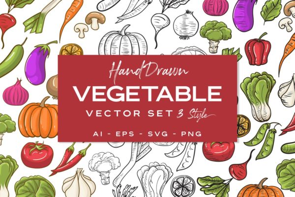 蔬菜水彩手绘图案矢量插画大洋岛精选素材 Vegetable Handdrawn