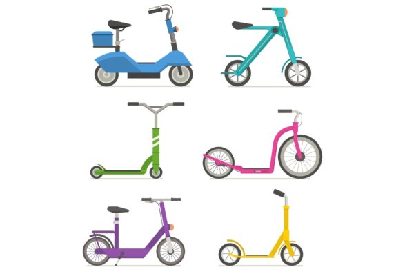 城市脚踏车和电动自行车矢量插画大洋岛精选 City Kick Scooters and E Bikes Set