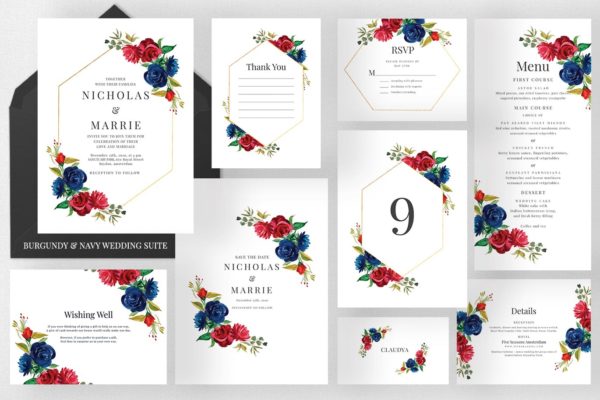 勃艮第红＆海军蓝婚礼设计素材套件 Burgundy & Navy Wedding Suite
