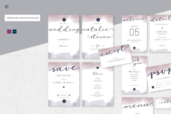淡水彩艺术婚礼邀请设计素材包v2 Wedding Invitation