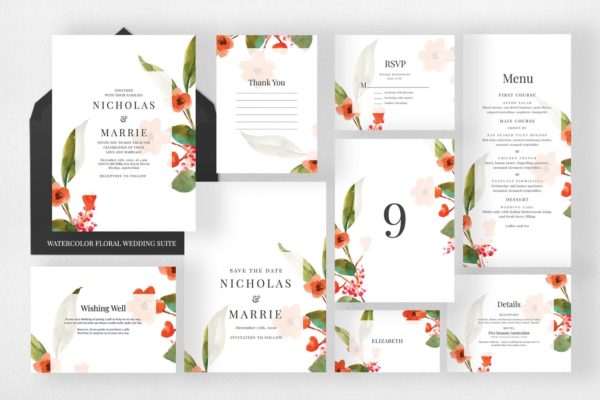 水彩花卉背景婚礼邀请函大洋岛精选模板 Watercolor Floral Wedding Suite