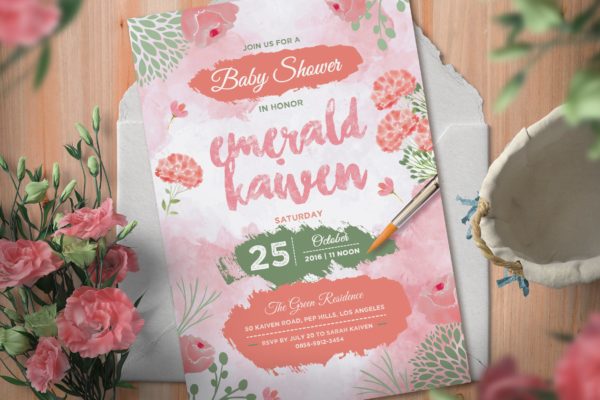 粉色婴儿满月酒邀请函大洋岛精选模板 Pink Baby Shower Invitation