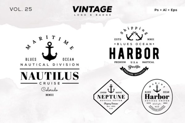 欧美复古设计风格品牌大洋岛精选LOGO商标模板v25 Vintage Logo & Badge Vol. 25