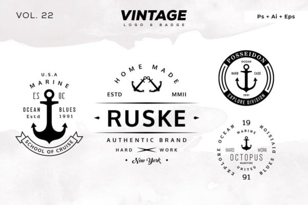 欧美复古设计风格品牌大洋岛精选LOGO商标模板v22 Vintage Logo & Badge Vol. 22