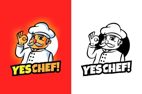 大厨卡通形象餐厅美食品牌Logo设计大洋岛精选模板 YES CHEF Mascot Logo