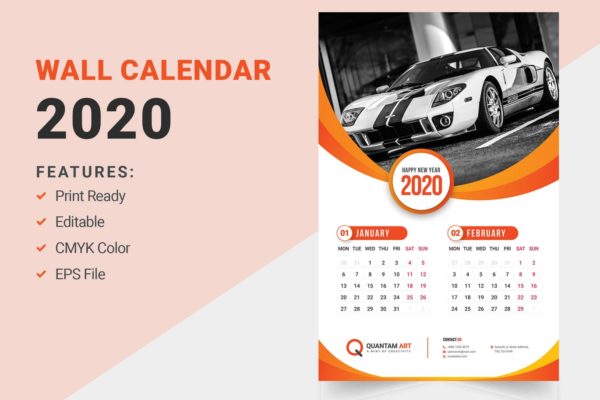 汽车主题2020年挂墙日历版式设计模板 Wall Calendar Design 2020缩略图 汽车主题2020年挂墙日历版式设计模板 Wall Calendar Design 2020