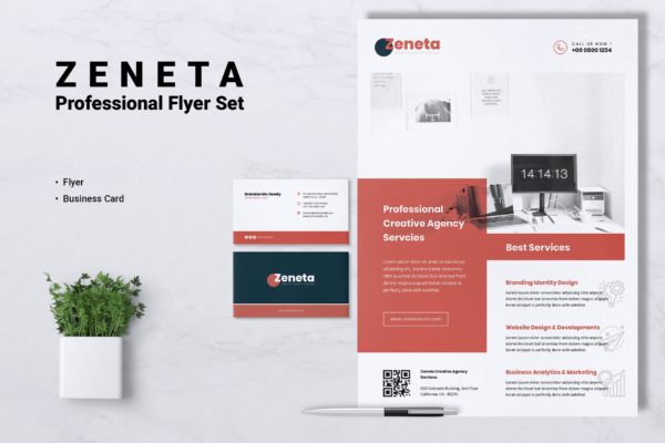 创意代理公司宣传单&企业大洋岛精选名片模板 ZENETA Creative Agency Flyer & Business Card