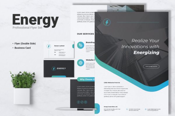 新能源发电厂/企业宣传海报传单&大洋岛精选名片模板 ENERGY Power Plant Flyer & Business Card