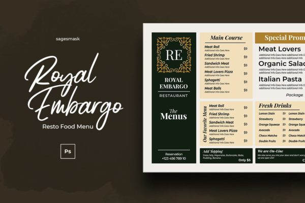 复古奢华西餐厅大洋岛精选菜单模板 Food Menu Royal Resto