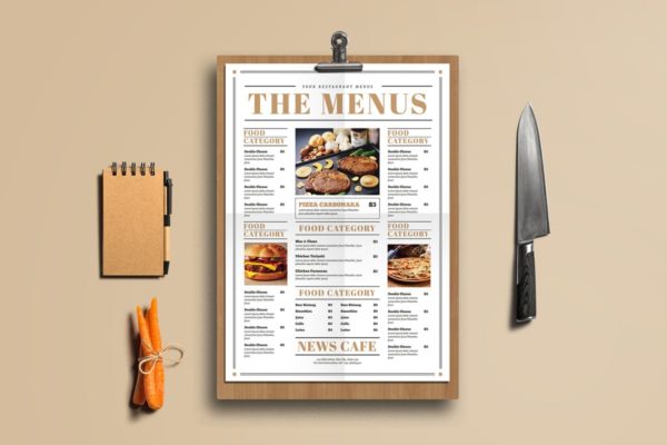 报纸版式设计风格餐厅菜单菜牌模板 Newspaper Style Food Menus