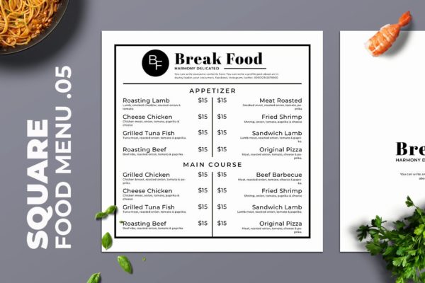 简约风西式餐厅大洋岛精选菜单模板v05 Square Food Menu. 05