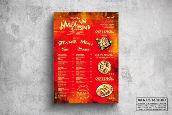 墨西哥招牌烤肉餐厅大洋岛精选菜单模板 Mexican Poster Food Menu – A3 & US Tabloid