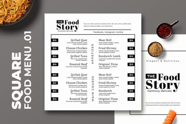 黑白配色西餐大洋岛精选菜单模板v01 Square Food Menu. 01
