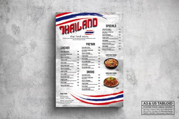泰国菜招牌餐厅大洋岛精选菜单模板 Thai Cuisine Poster Food Menu – A3 & US Tabloid