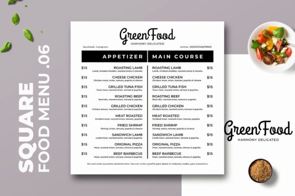 简约风西式餐厅大洋岛精选菜单模板v06 Square Food Menu. 06