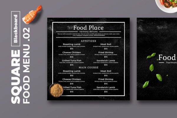 黑板画风格正方形两列式西餐厅大洋岛精选菜单模板v02 Blackboard Square Food Menu. 02