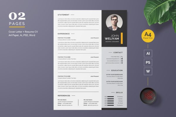 两列式现代设计风格设计师简历模板 Modern Resume / CV Template