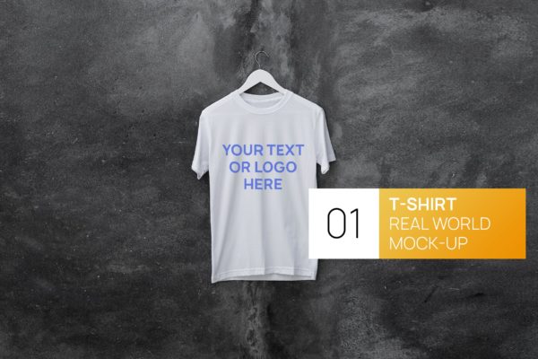 混凝土墙背景白色T恤印花设计效果图样机大洋岛精选 Concrete Wall White T-Shirt Real World Mock-up