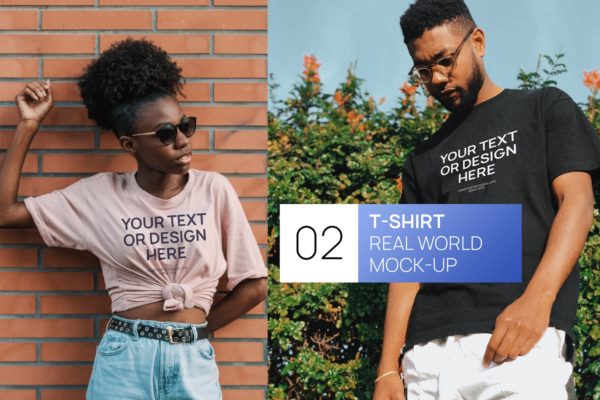 经典情侣黑白T恤印花图样机大洋岛精选模板 Two Black Persons T-Shirt Real World Photo Mock-up