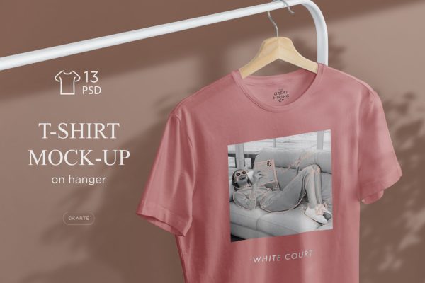 简易晾衣架T恤设计效果图样机大洋岛精选 T-Shirt Mock-Up on Hanger