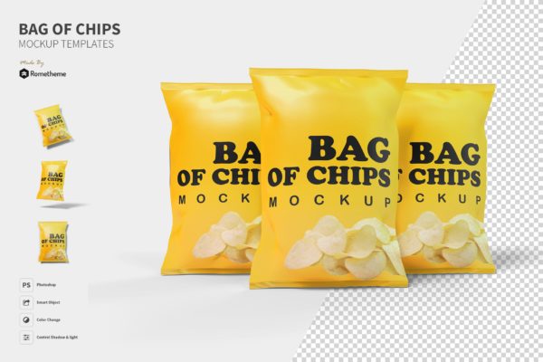 薯片膨化食品包装袋设计大洋岛精选模板 Bag of Chips – Mockup FH