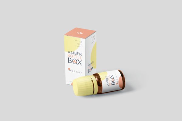 药物瓶&包装纸盒设计图大洋岛精选模板 Amber Bottle Box Mockup Set