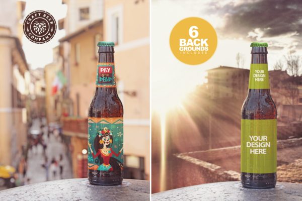 背景虚化场景啤酒瓶设计效果图大洋岛精选 Vertical Beer Mockup