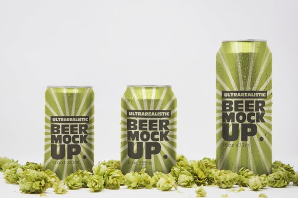 三种不同Size啤酒易拉罐外观设计图大洋岛精选 Front Beer Can Trio Mockup