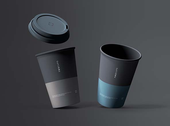 一次性咖啡纸杯设计展示大洋岛精选模板 Two Disposable Coffee Cups Mockup
