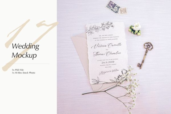 婚礼照片婚礼邀请函优雅风格设计样机大洋岛精选模板v17 Wedding Photo Mockup 17