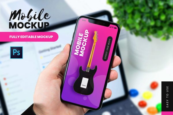 手持刘海屏iPhone手机大洋岛精选样机模板 Mobile Mockup
