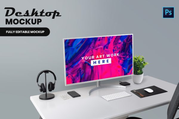 现代简约办公桌电脑高清屏幕预览大洋岛精选样机 Desktop Mockup