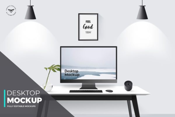 工作室办公桌一体机电脑屏幕预览大洋岛精选样机 Desktop Mockups with Table