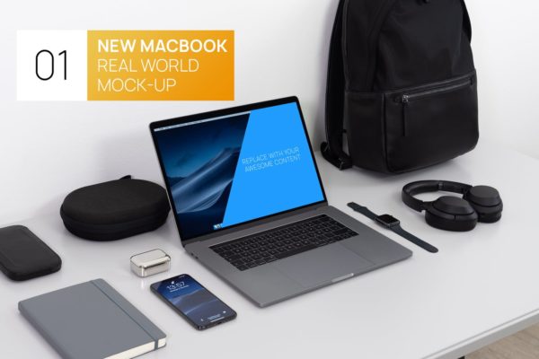 EDC清单15寸MacBook笔记本电脑大洋岛精选样机模板 New MacBook 15 Touchbar Real World Photo Mock-up