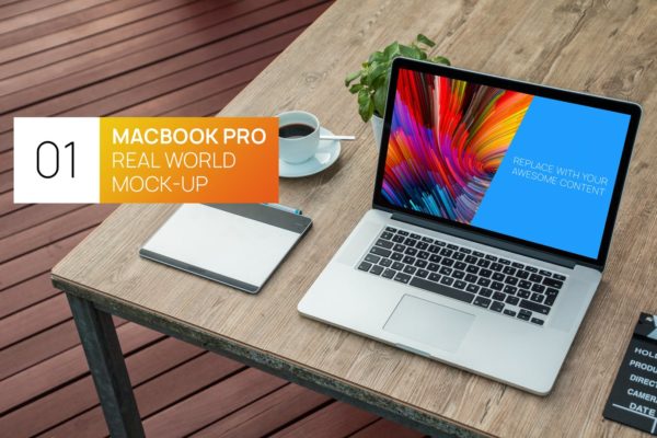 简约实木办公桌场景Macbook Pro笔记本大洋岛精选样机模板 Wooden desk MacBook Pro Retina Real World Mock-up
