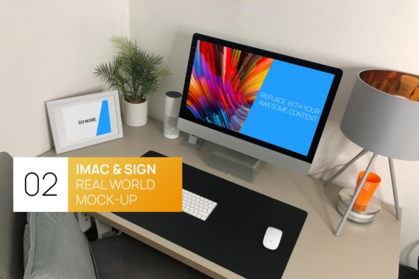 宜家家居风格办公桌场景27寸iMac电脑大洋岛精选样机 iMac 27 with Sign Real World Photo Mock-up